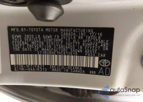 2017 Toyota Corolla Le из США, поврежденный, VIN 2T1BURHE1HC812619